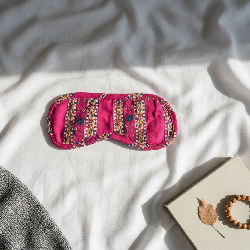 Masque de nuit en coton imprimé rose Gulab, accessoire de sommeil confortable et fait main, disponible chez Mademoiselle Azalée à Agen