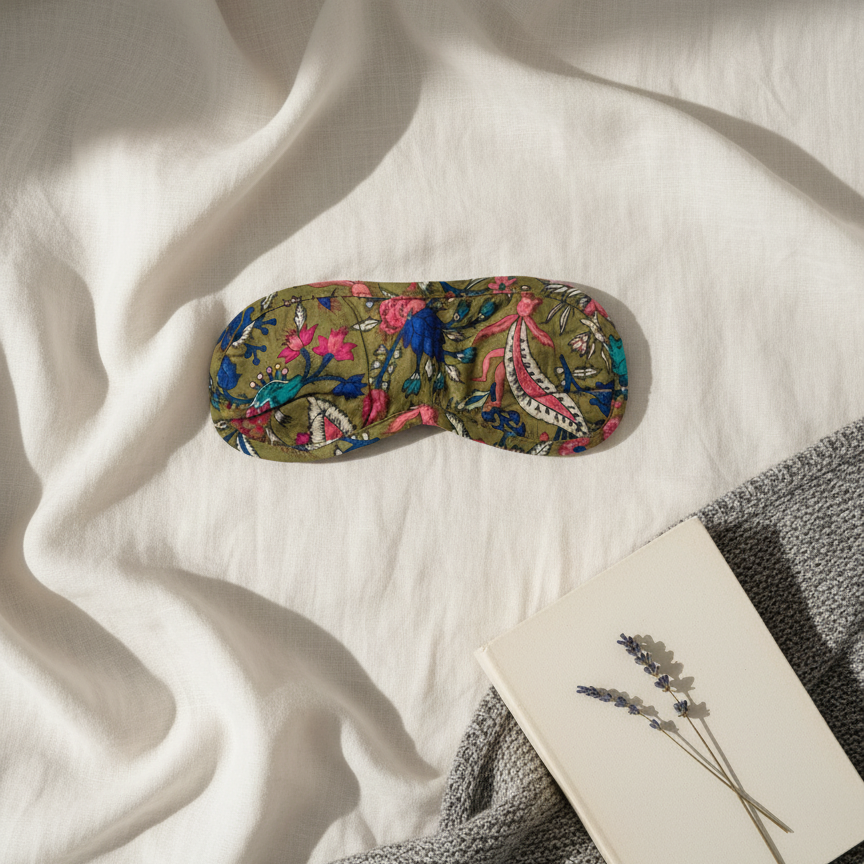 Masque de nuit Jaipur en voile de coton imprimé fleuri, accessoire sommeil confortable et élégant, Mademoiselle Azalée à Agen