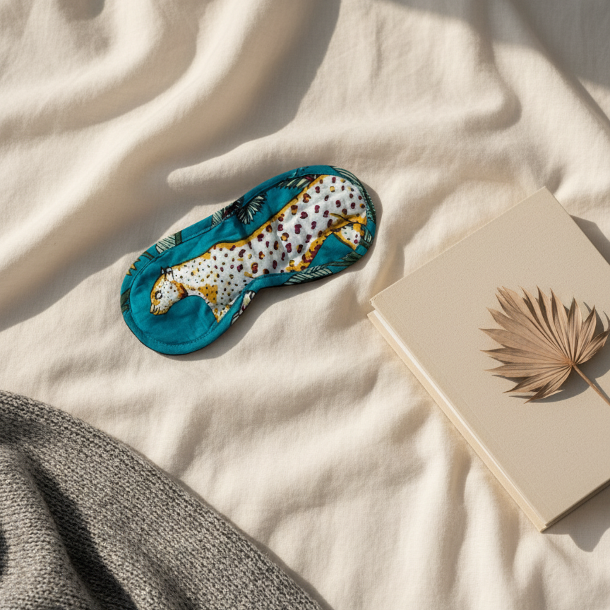 Masque de nuit jungle bleu en coton, imprimé léopard beige sur fond turquoise, posé sur un drap blanc, Mademoiselle Azalée à Agen