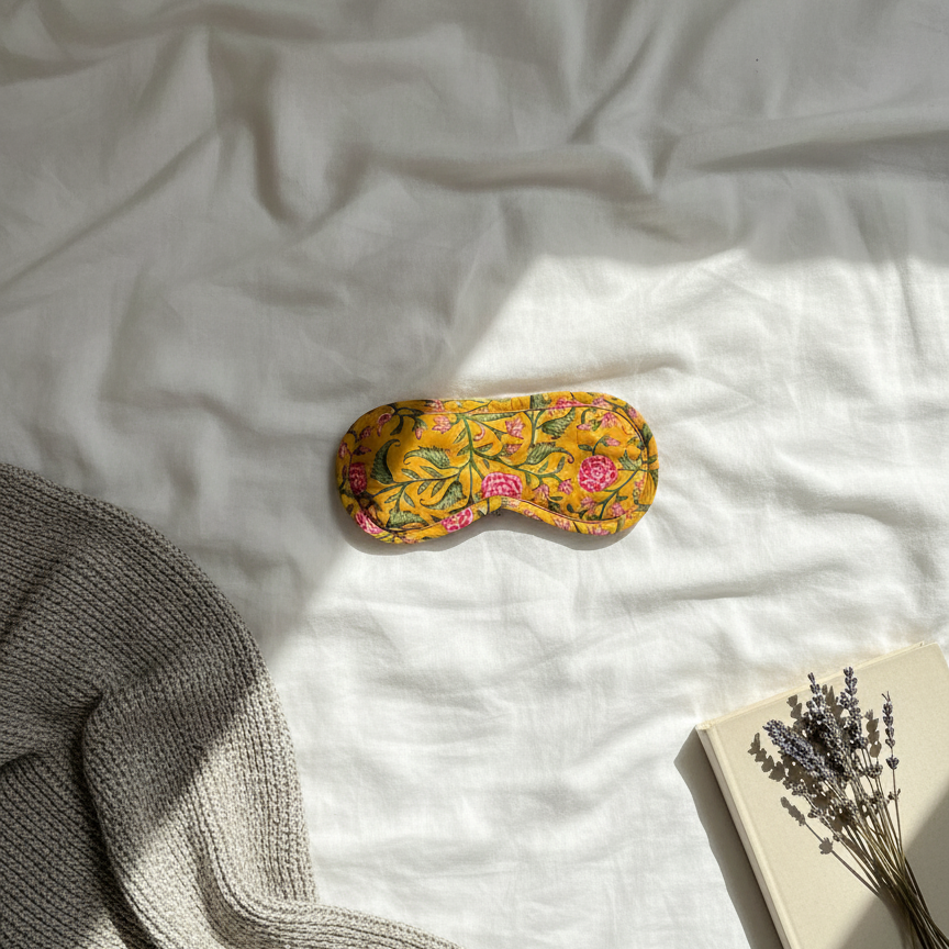 Masque de nuit en voile de coton imprimé fleuri Mery, accessoire de sommeil confortable et artisanal, Mademoiselle Azalée à Agen