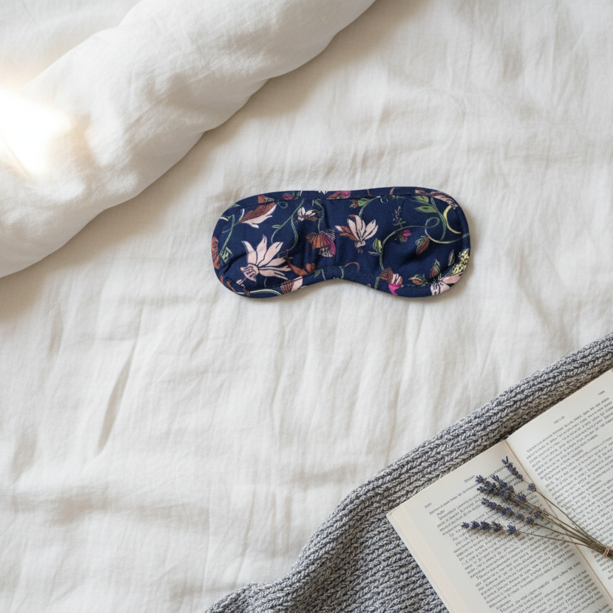 Masque de nuit Mowgly en coton, imprimé floral exotique sur fond bleu marine, accessoire sommeil confortable et élégant, Mademoiselle Azalée à Agen