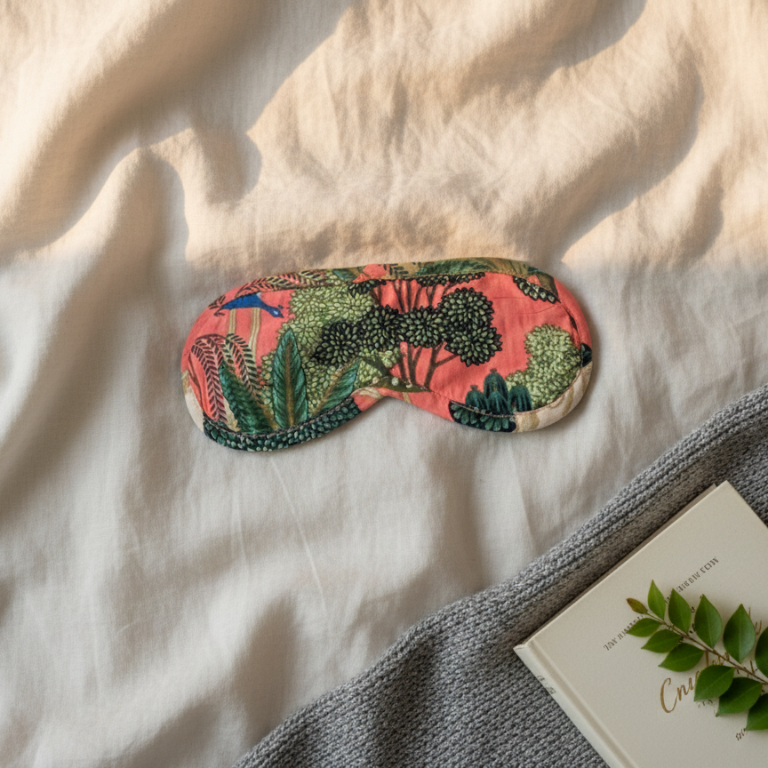 Masque de nuit en voile de coton, imprimé Peacock aux motifs exotiques verts et corail, accessoire sommeil confortable,  Mademoiselle Azalée à Agen