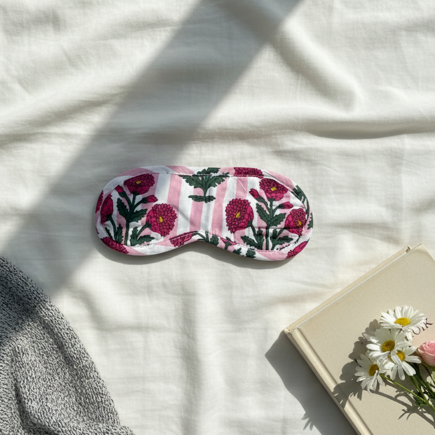 Masque de nuit en coton imprimé rose Peonie Pink, motif floral artisanal, accessoire sommeil confortable et léger, Mademoiselle Azalée à Agen