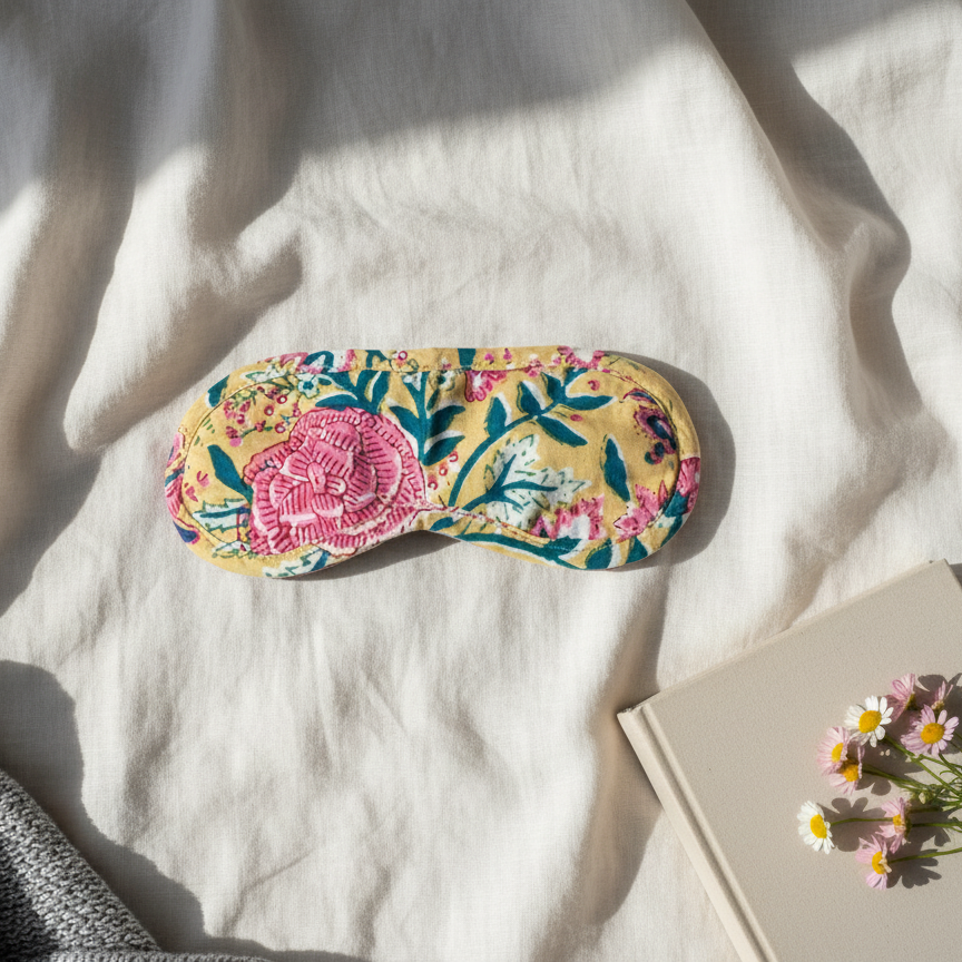 Masque de nuit en voile de coton imprimé floral Suna, accessoire de sommeil confortable et artisanal, créé par Mademoiselle Azalée à Agen