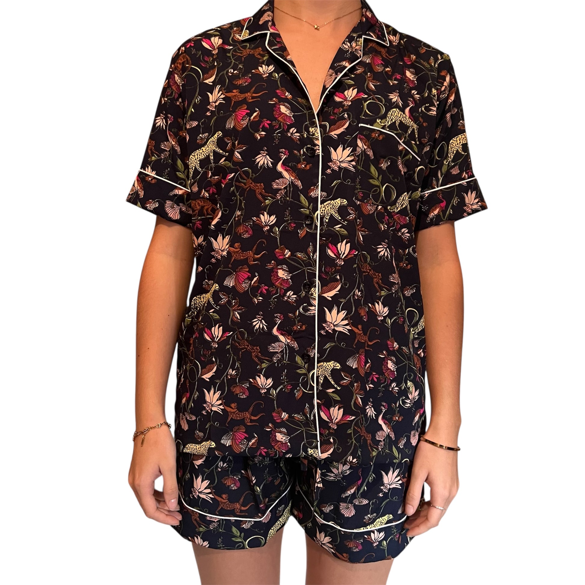 Pyjama femme court Mowgly en polyester, ensemble imprimé tropical marine avec chemise à manches courtes et short assorti, Mademoiselle Azalée à Agen