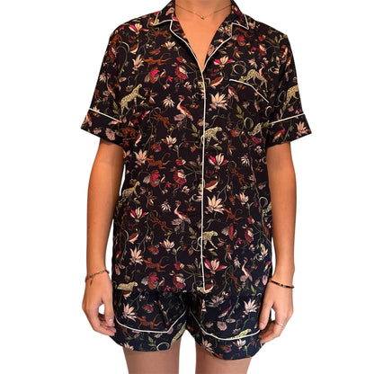 Pyjama femme court Mowgly en polyester, ensemble imprimé tropical marine avec chemise à manches courtes et short assorti, Mademoiselle Azalée à Agen