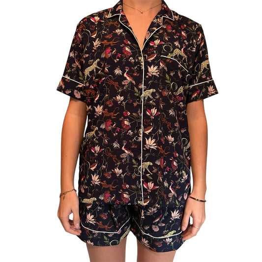 Pyjama femme court Mowgly en polyester, ensemble imprimé tropical marine avec chemise à manches courtes et short assorti, Mademoiselle Azalée à Agen