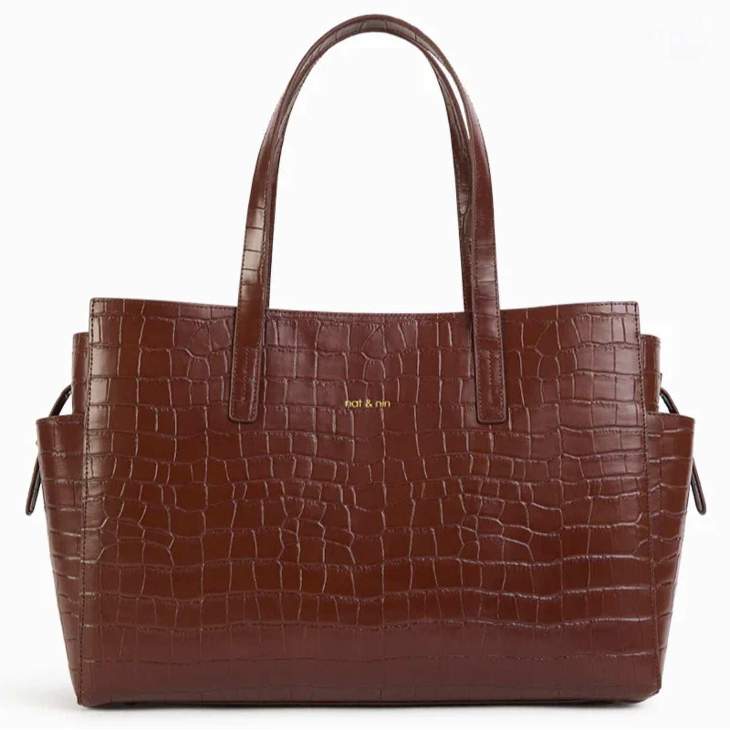 Sac Dakota en cuir embossé effet croco couleur acajou, signé Nat & Nin, vu de face avec poignées doubles.
