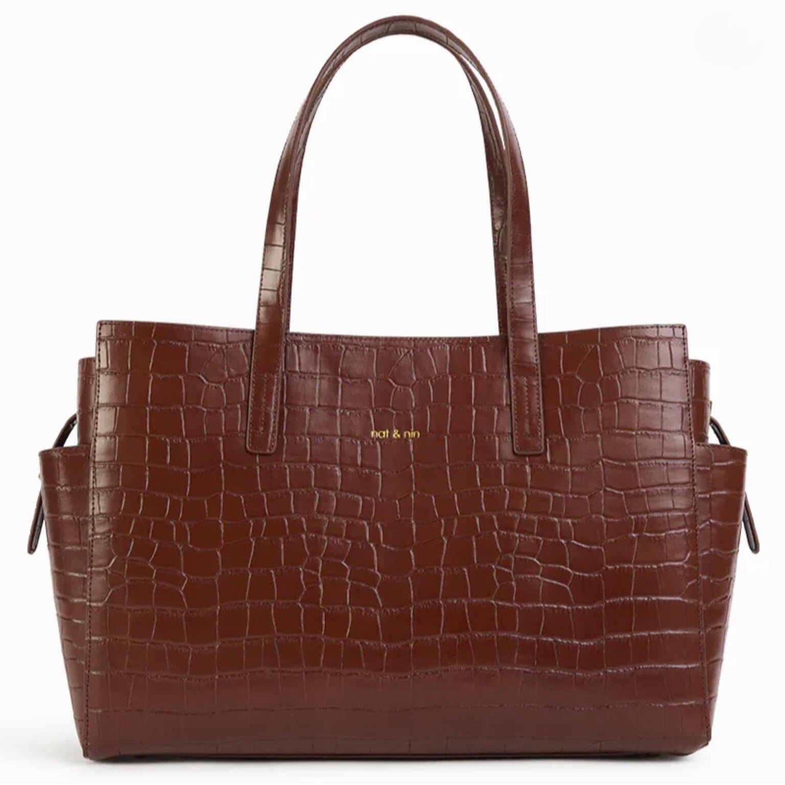 Sac Dakota en cuir embossé effet croco couleur acajou, signé Nat & Nin, vu de face avec poignées doubles.