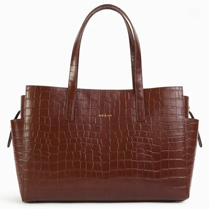 Sac Dakota en cuir embossé effet croco couleur acajou, signé Nat & Nin, vu de face avec poignées doubles.