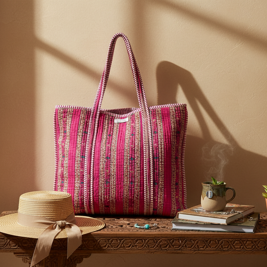 Sac cabas en coton matelassé rose à motifs Gulab, création Mademoiselle Azalée à Agen, posé sur une console en bois avec un chapeau et une tasse