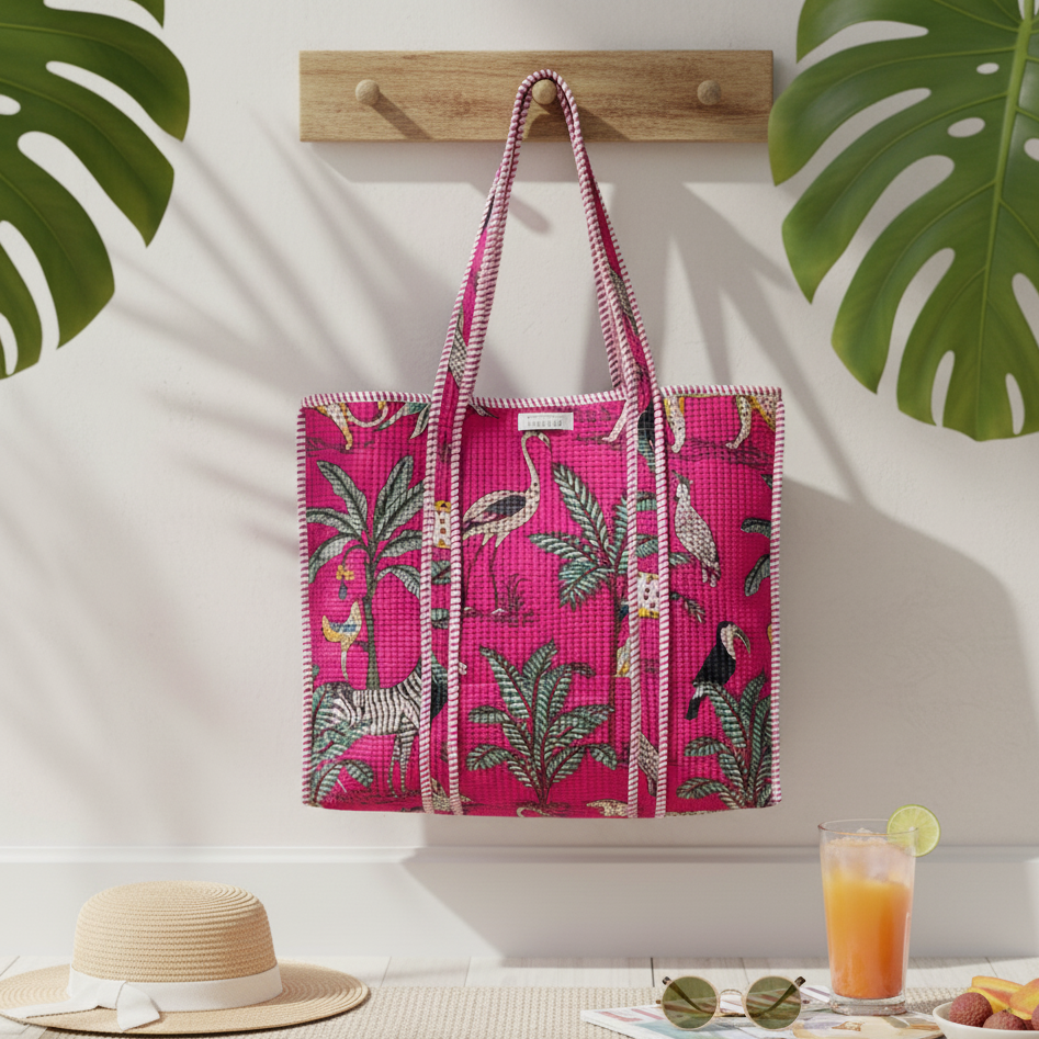 Sac cabas en coton matelassé rose motif Jungle, création Mademoiselle Azalée à Agen, suspendu à un porte-manteau avec décor tropical