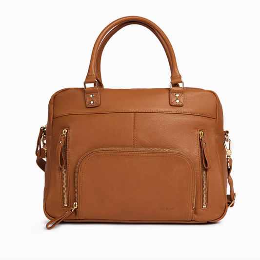 Sac Macy épice Nat & Nin vu de face, en cuir epice avec poches zippées dorées.