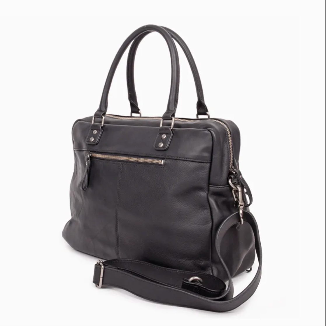 Sac Macy en cuir lisse noir Nat & Nin vu de dos, avec poche zippée et bandoulière amovible.