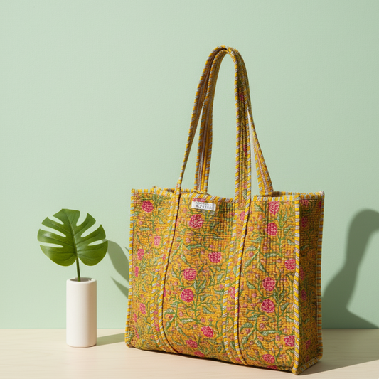 Sac cabas en coton matelassé jaune à motifs floraux roses, création Mademoiselle Azalée à Agen, posé sur une table avec une plante en vase